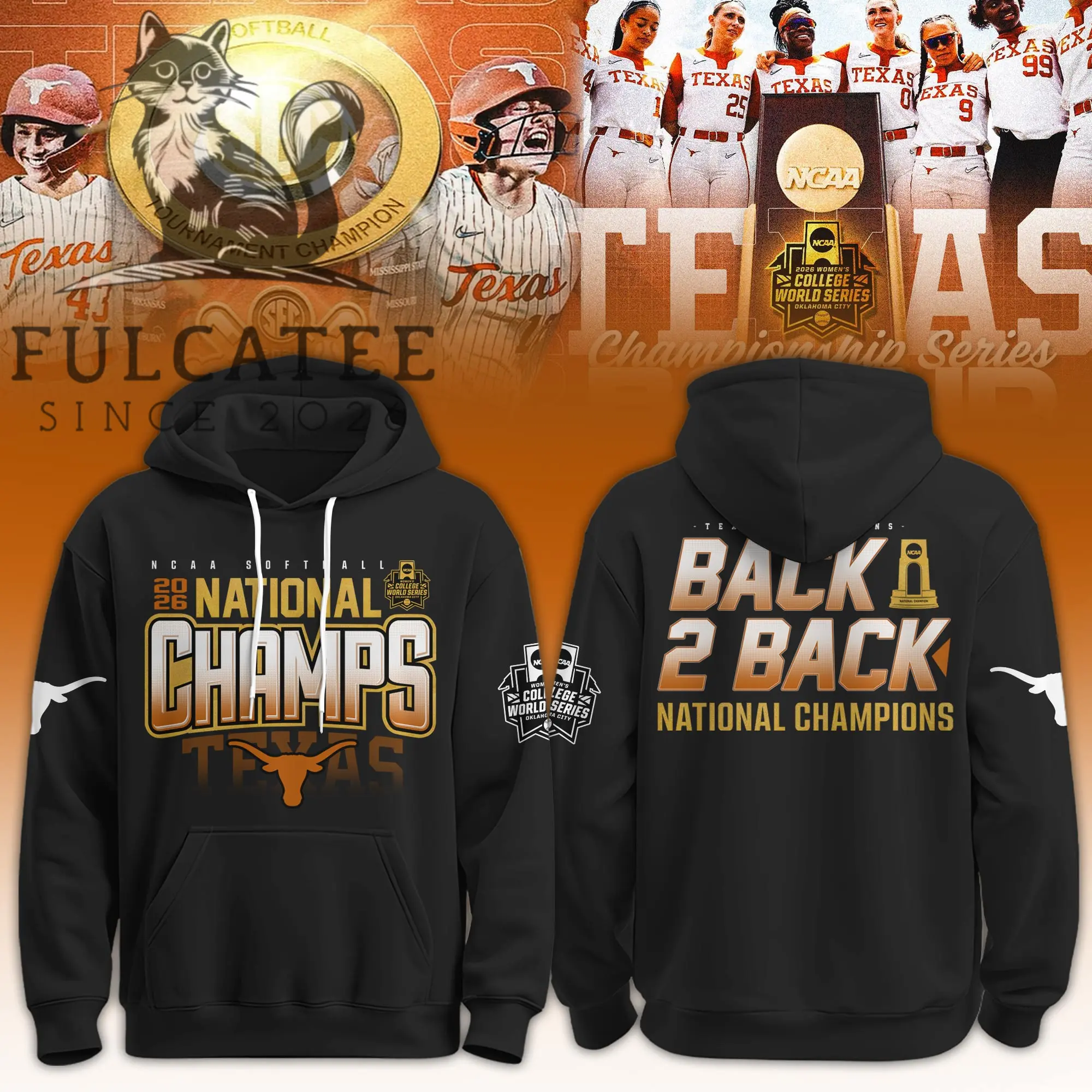 Texas Longhorns Softball 2026 Back 2 Back National Champions Hoodie